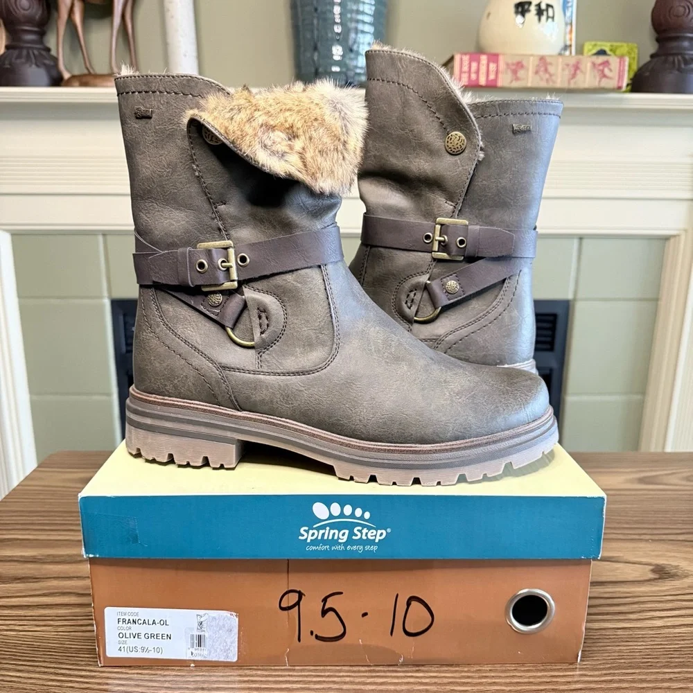NIB Spring Step Francala Faux Fur Lined Olive Green Boots-Size 41 (9.5-10)